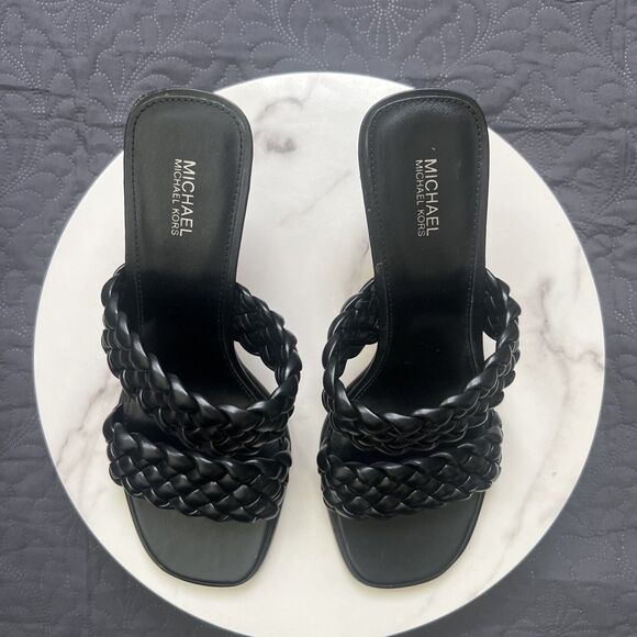 Michael Kors Amelia Mule Black Leather Sandal Heel SZ 9M Summer Resort Chic Cute - Picture 1 of 13